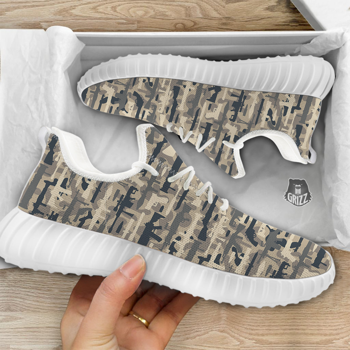 Military Gun Air Force Camo Print White Walking Shoes-grizzshop