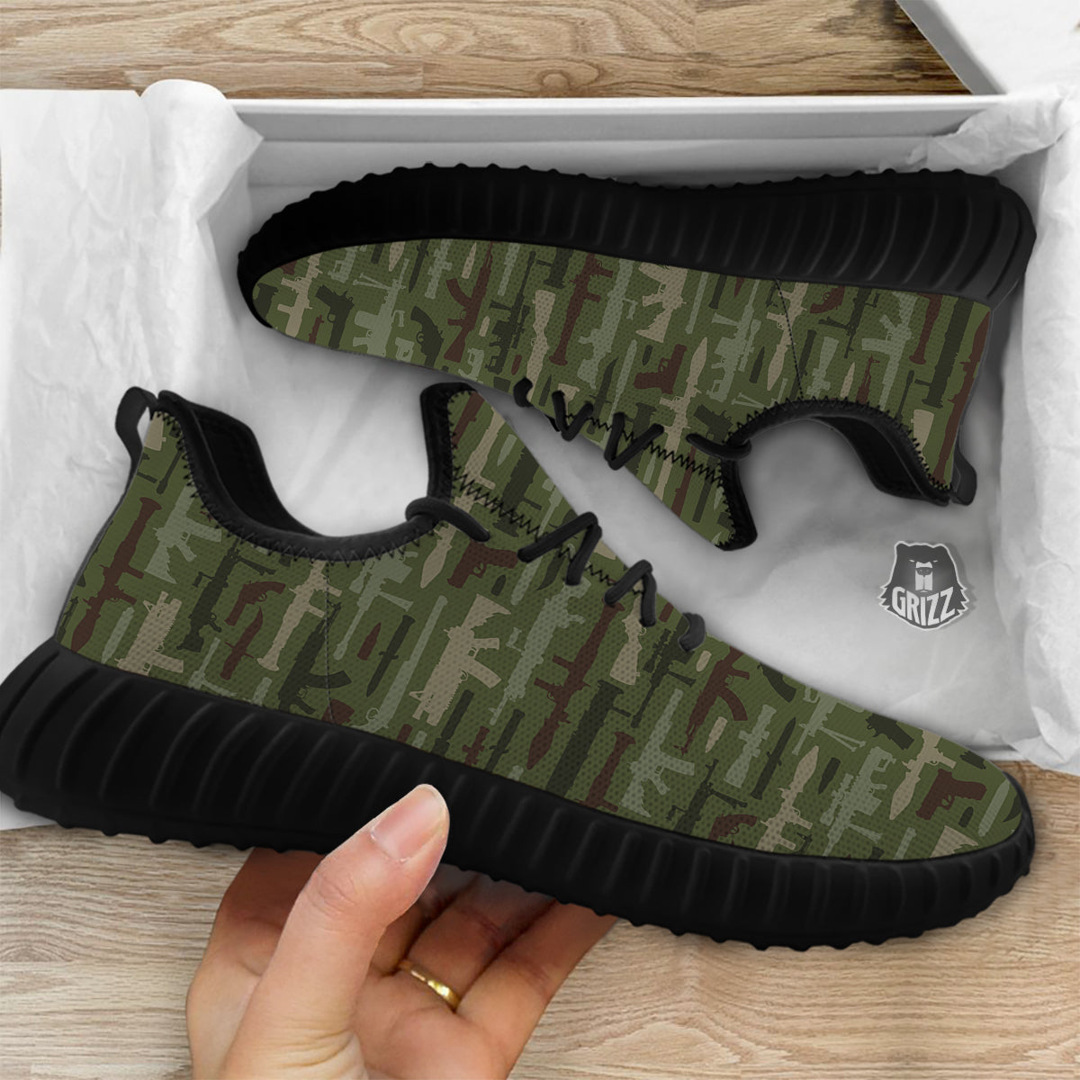 Military Gun Camo Print Black Walking Shoes-grizzshop