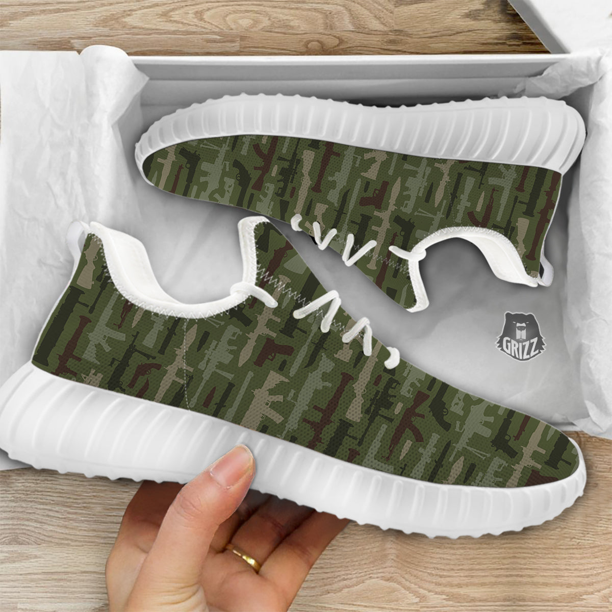 Military Gun Camo Print White Walking Shoes-grizzshop