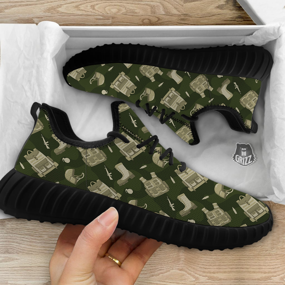 Military Helmet Backpack Print Pattern Black Walking Shoes-grizzshop