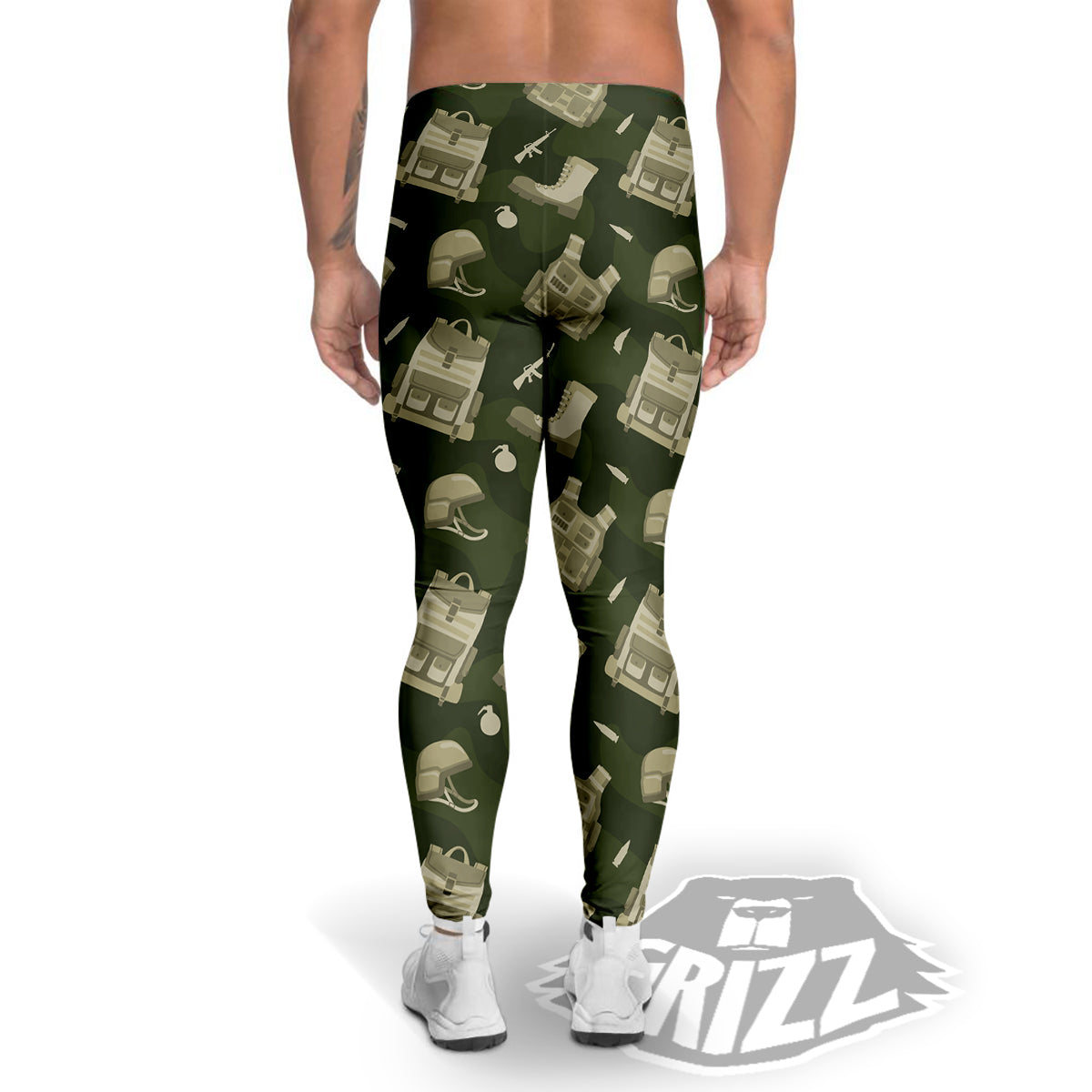 Military Helmet Backpack Print Pattern Men's Leggings-grizzshop