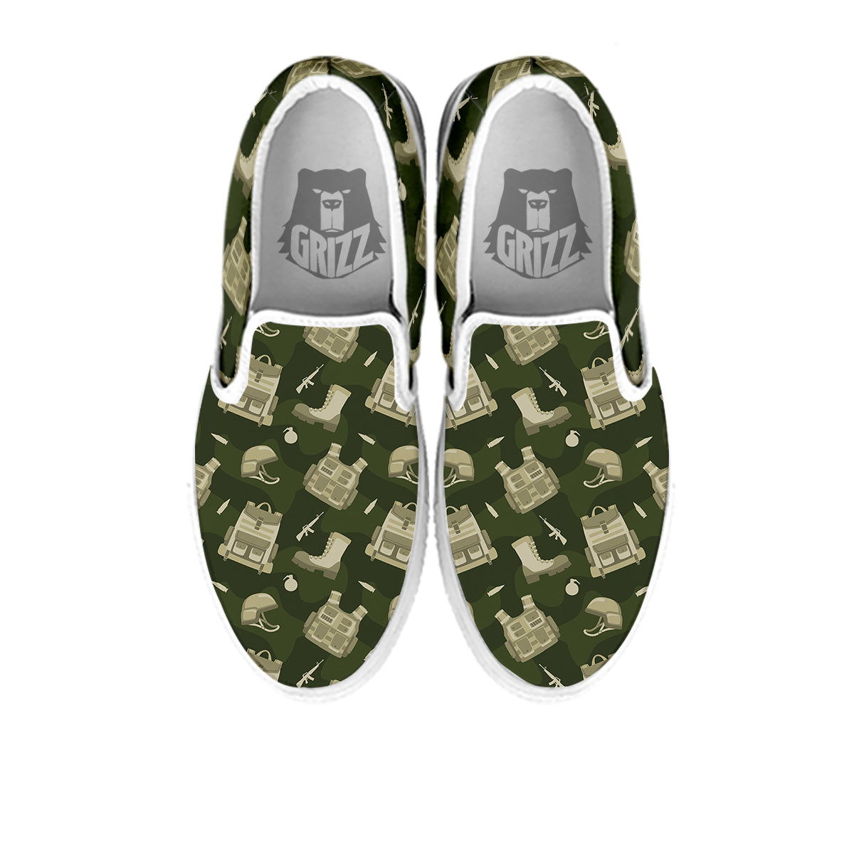 Military Helmet Backpack Print Pattern White Slip On Shoes-grizzshop