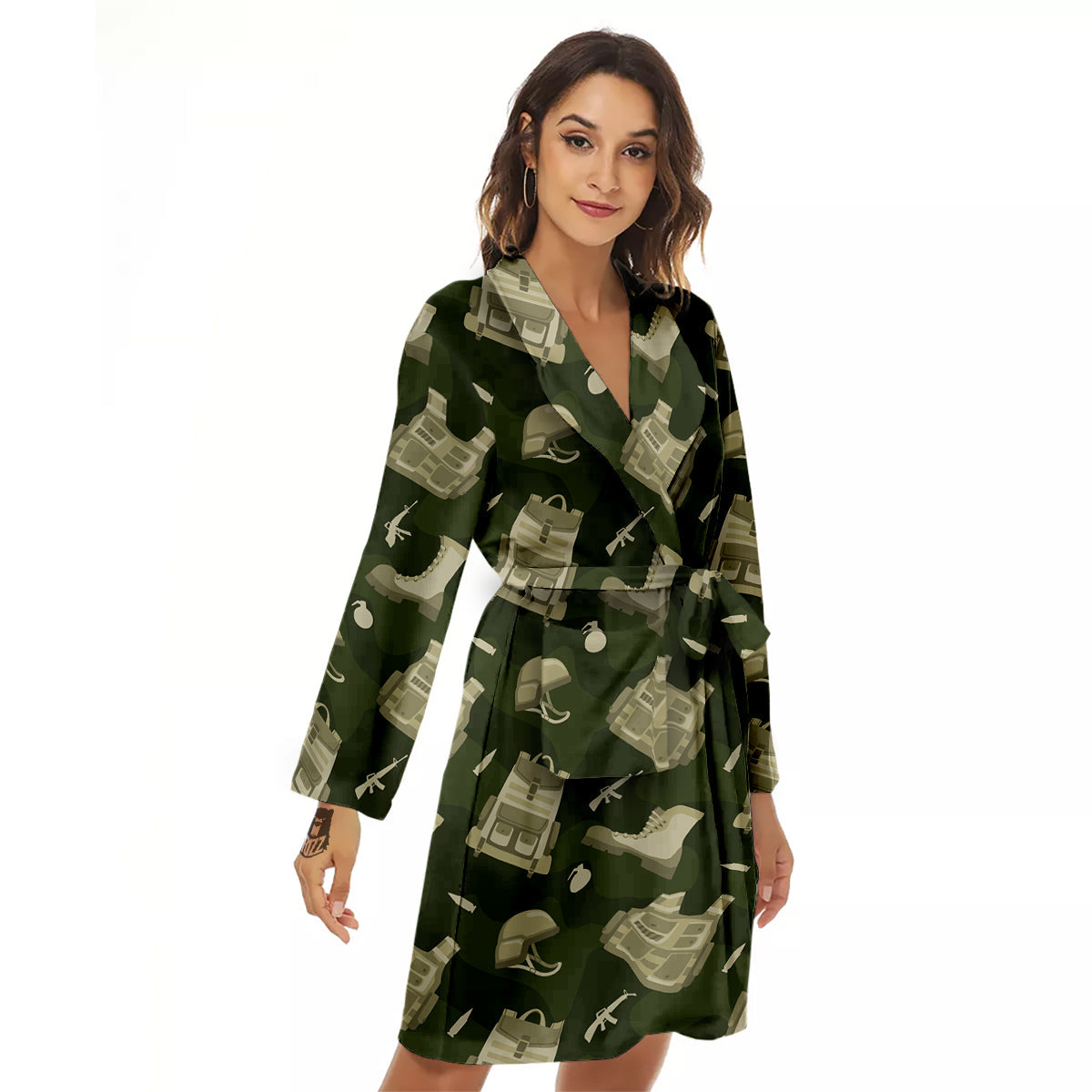 Military Helmet Backpack Print Pattern Women's Robe-grizzshop