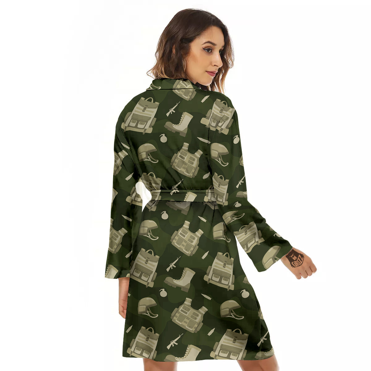 Military Helmet Backpack Print Pattern Women's Robe-grizzshop