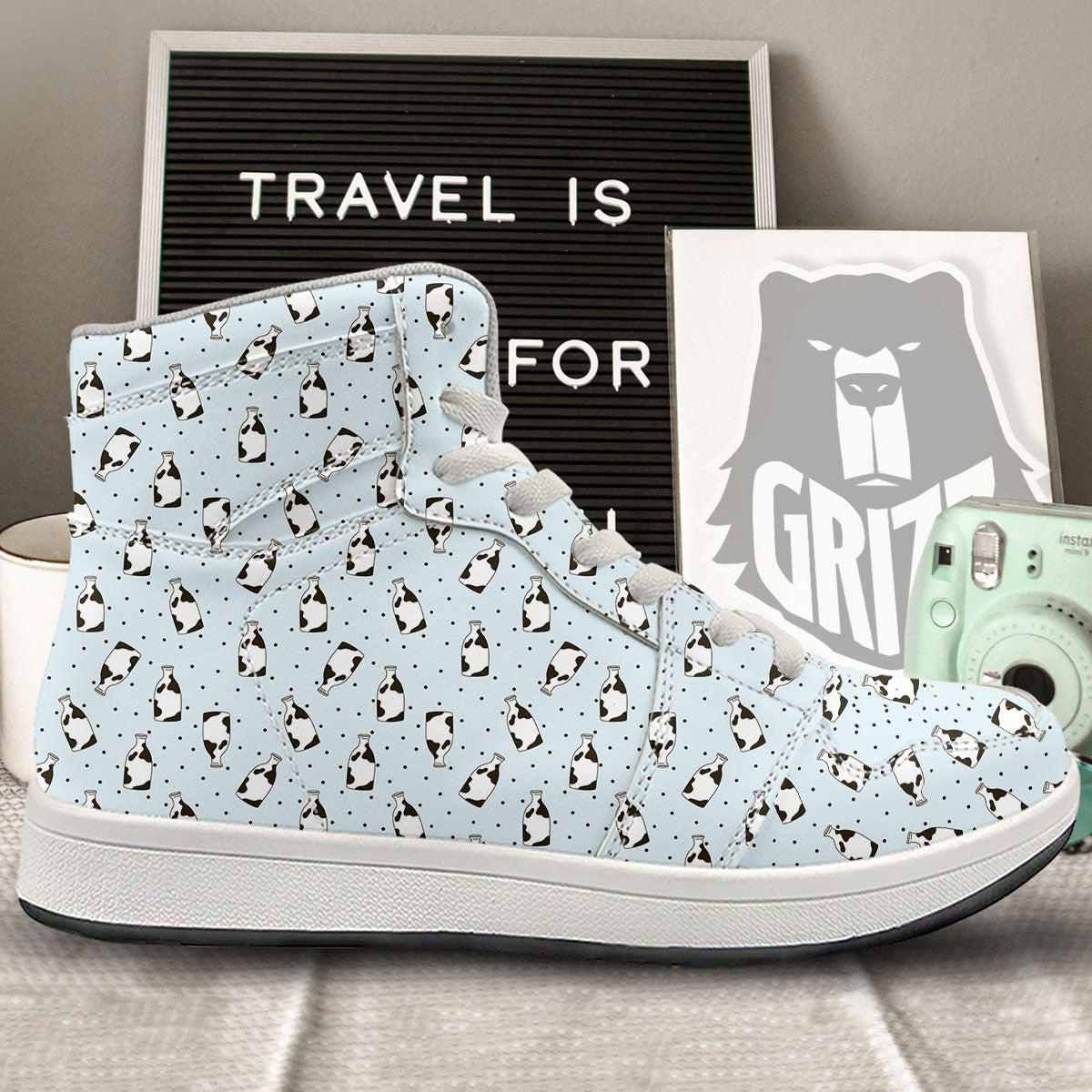 Milk Bottle Cow Print Pattern High Top Sneakers-grizzshop