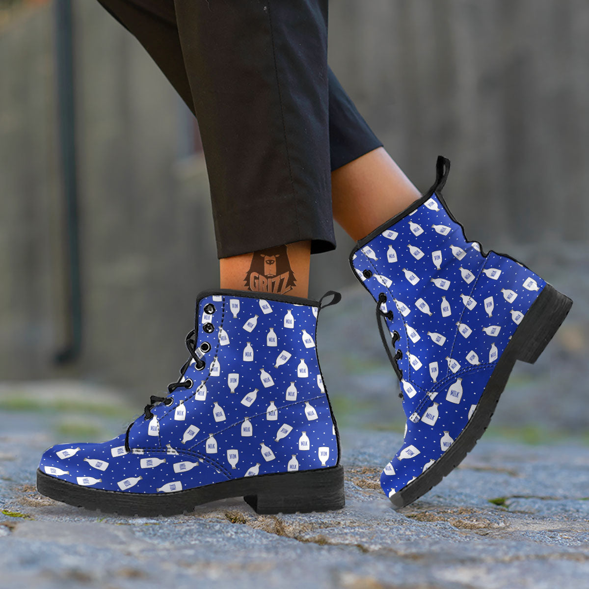 Milk Pattern Print Leather Boots-grizzshop