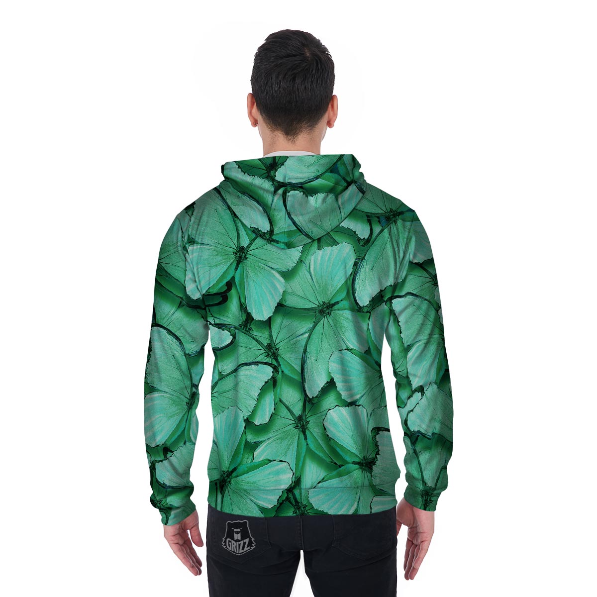 Mint Green Butterfly Print Men's Zip Up Hoodie-grizzshop