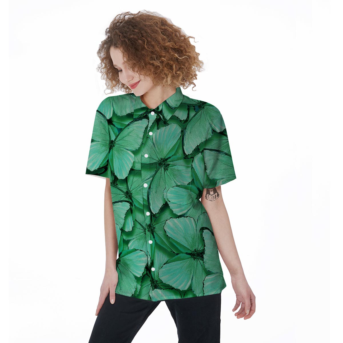 Mint Green Butterfly Print Women's Short Sleeve Shirts-grizzshop