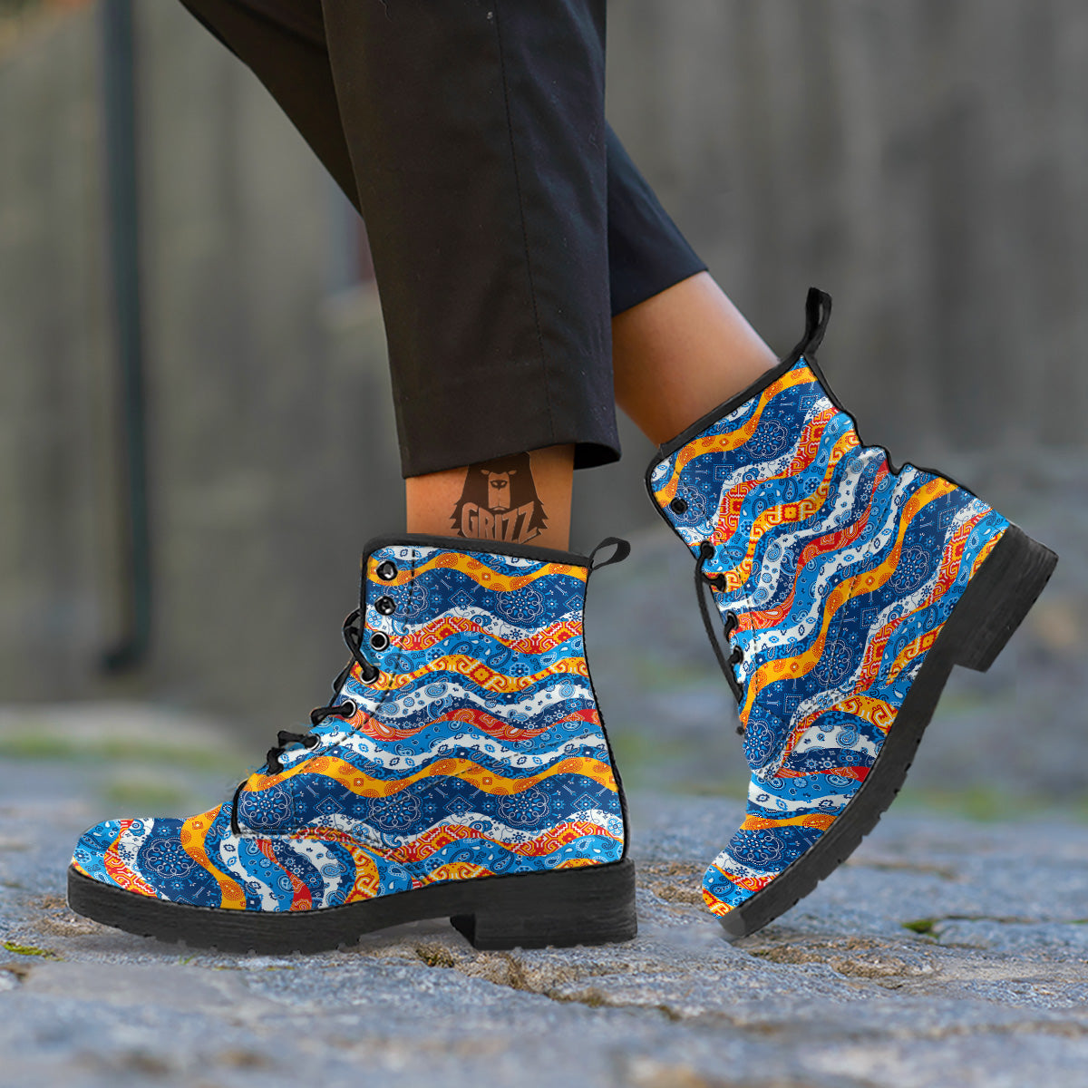 Mix Bandanna Kerchief Print Pattern Leather Boots-grizzshop
