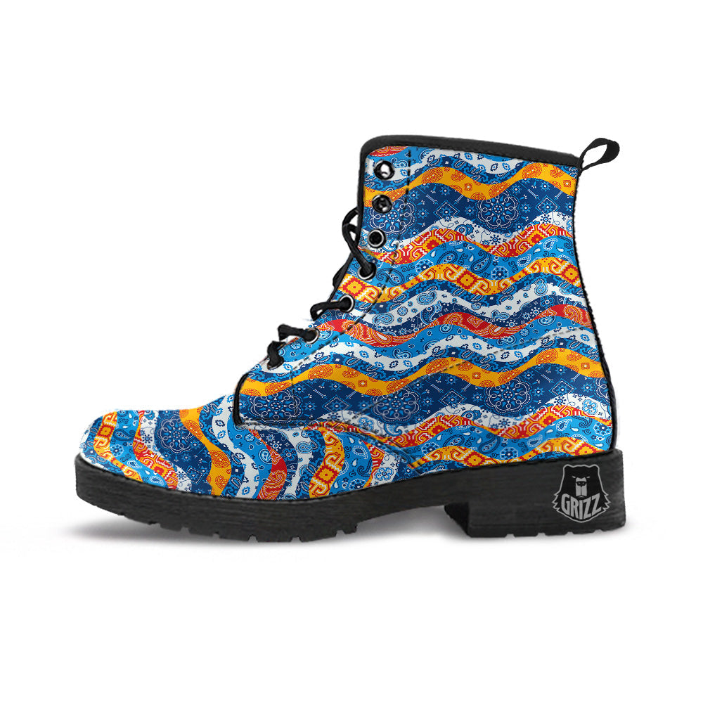 Mix Bandanna Kerchief Print Pattern Leather Boots-grizzshop