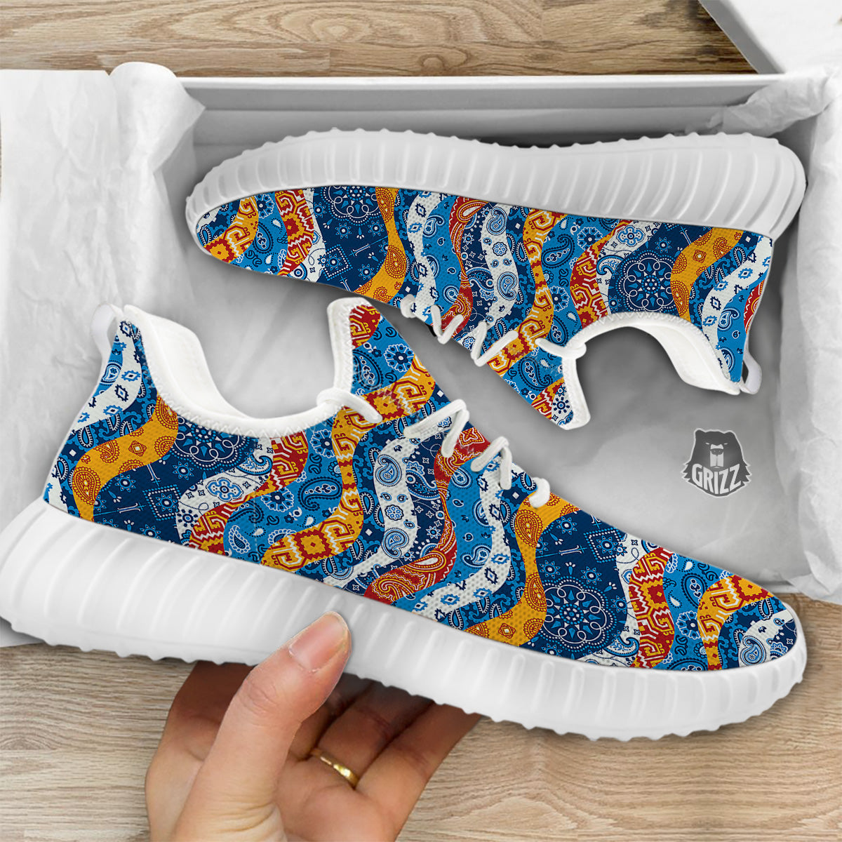 Mix Bandanna Kerchief Print Pattern White Walking Shoes-grizzshop