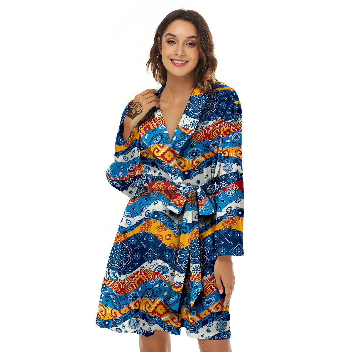 Mix Bandanna Kerchief Print Pattern Women's Robe-grizzshop