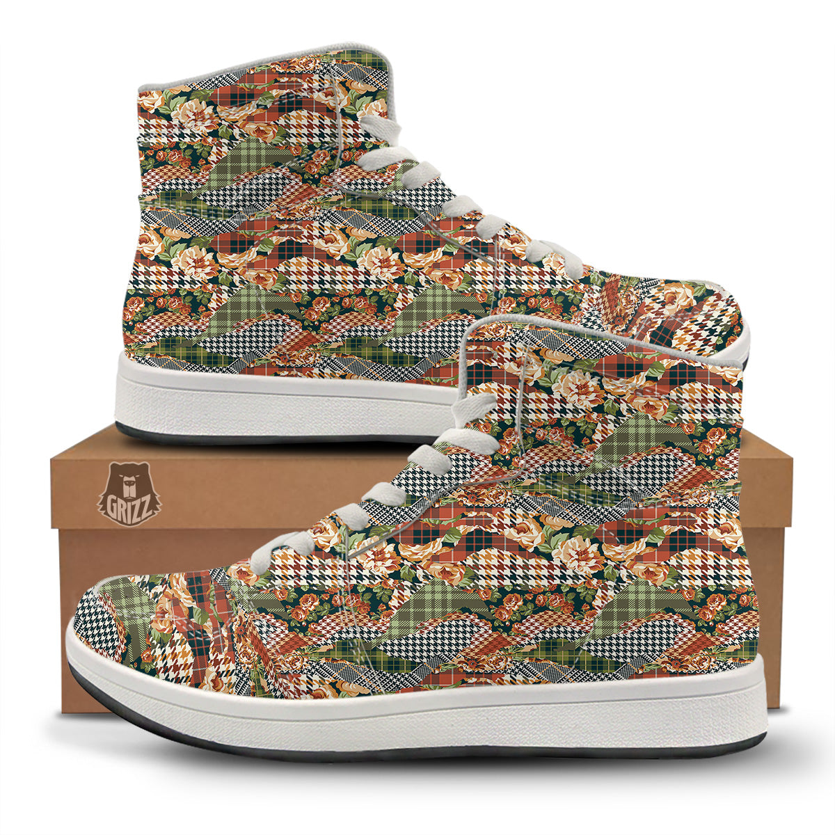 Mix Houndstooth Tartan Print Pattern High Top Sneakers-grizzshop