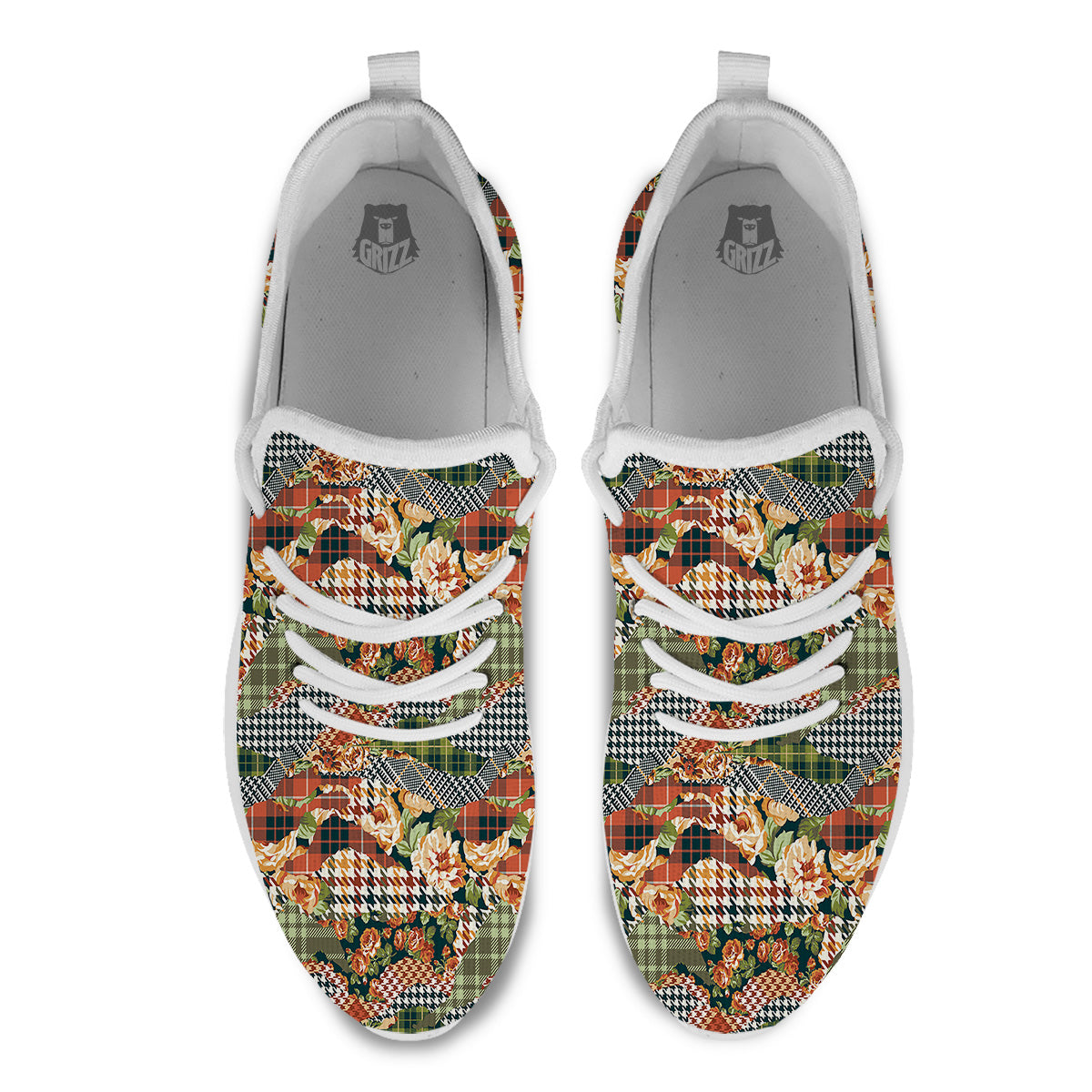 Mix Houndstooth Tartan Print Pattern White Athletic Shoes-grizzshop