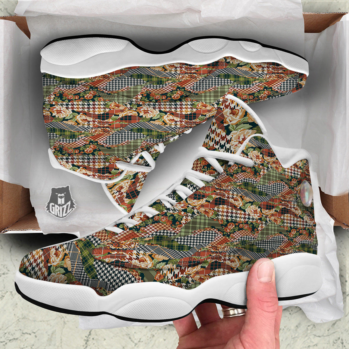 Mix Houndstooth Tartan Print Pattern White Basketball Shoes-grizzshop