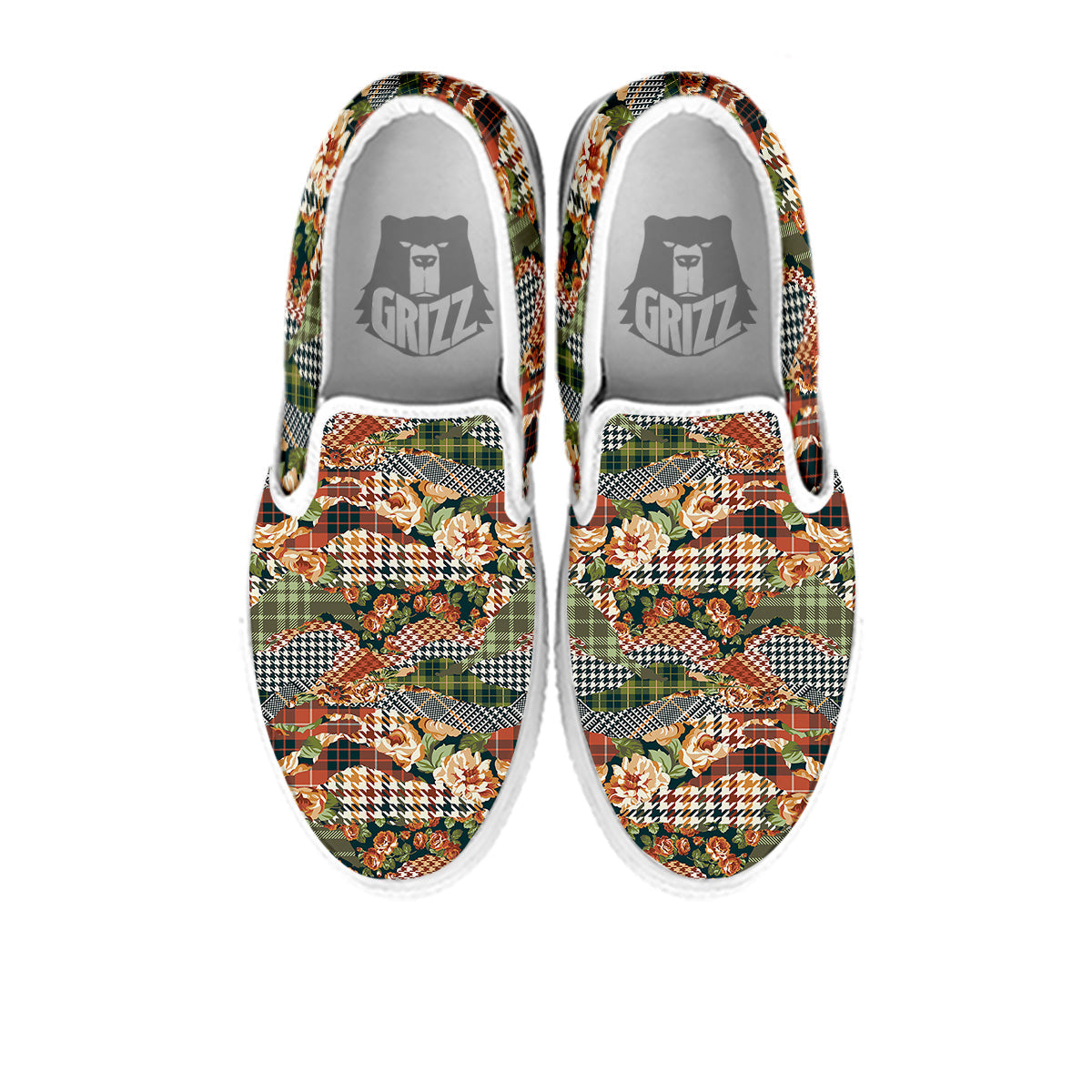 Mix Houndstooth Tartan Print Pattern White Slip On Shoes-grizzshop