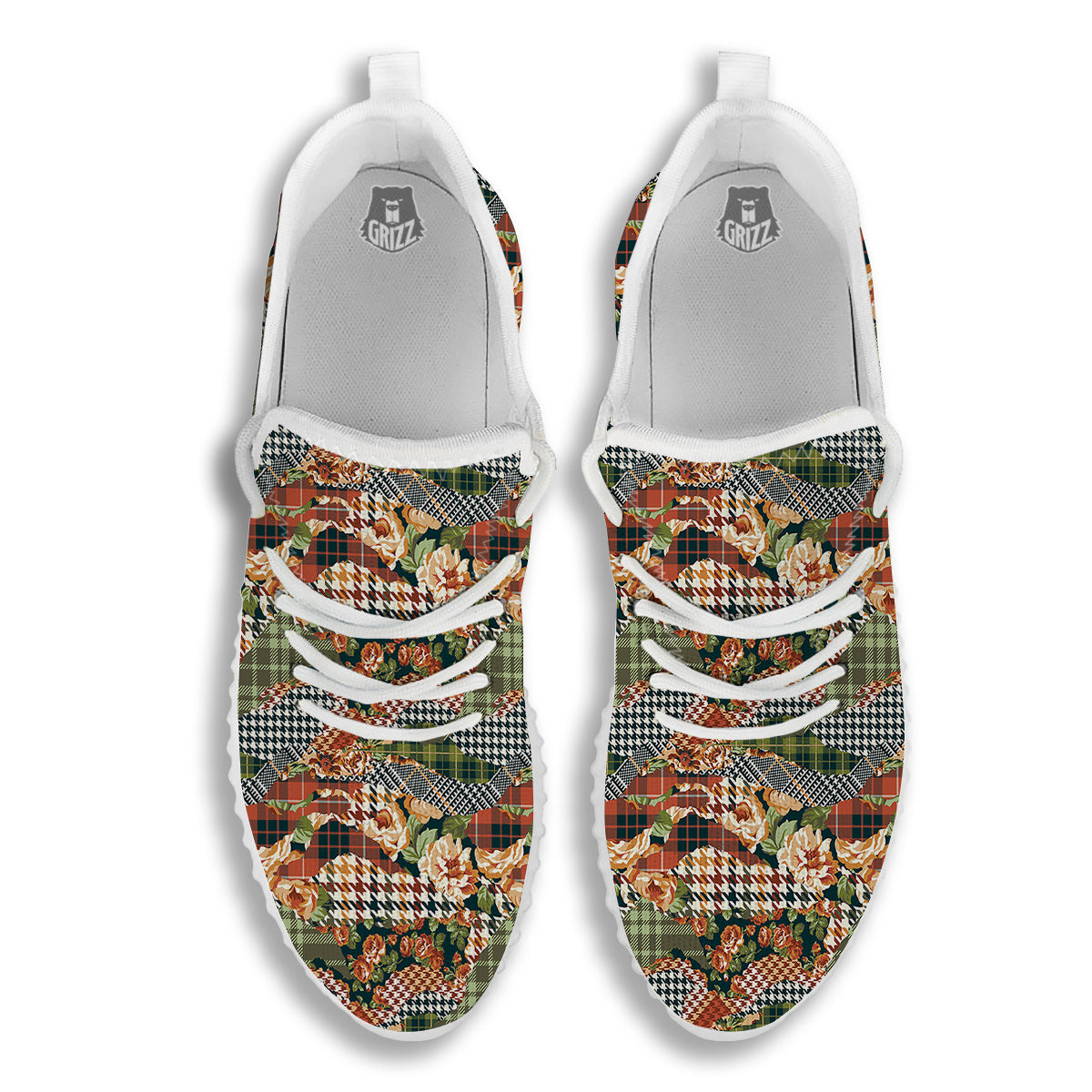 Mix Houndstooth Tartan Print Pattern White Walking Shoes-grizzshop