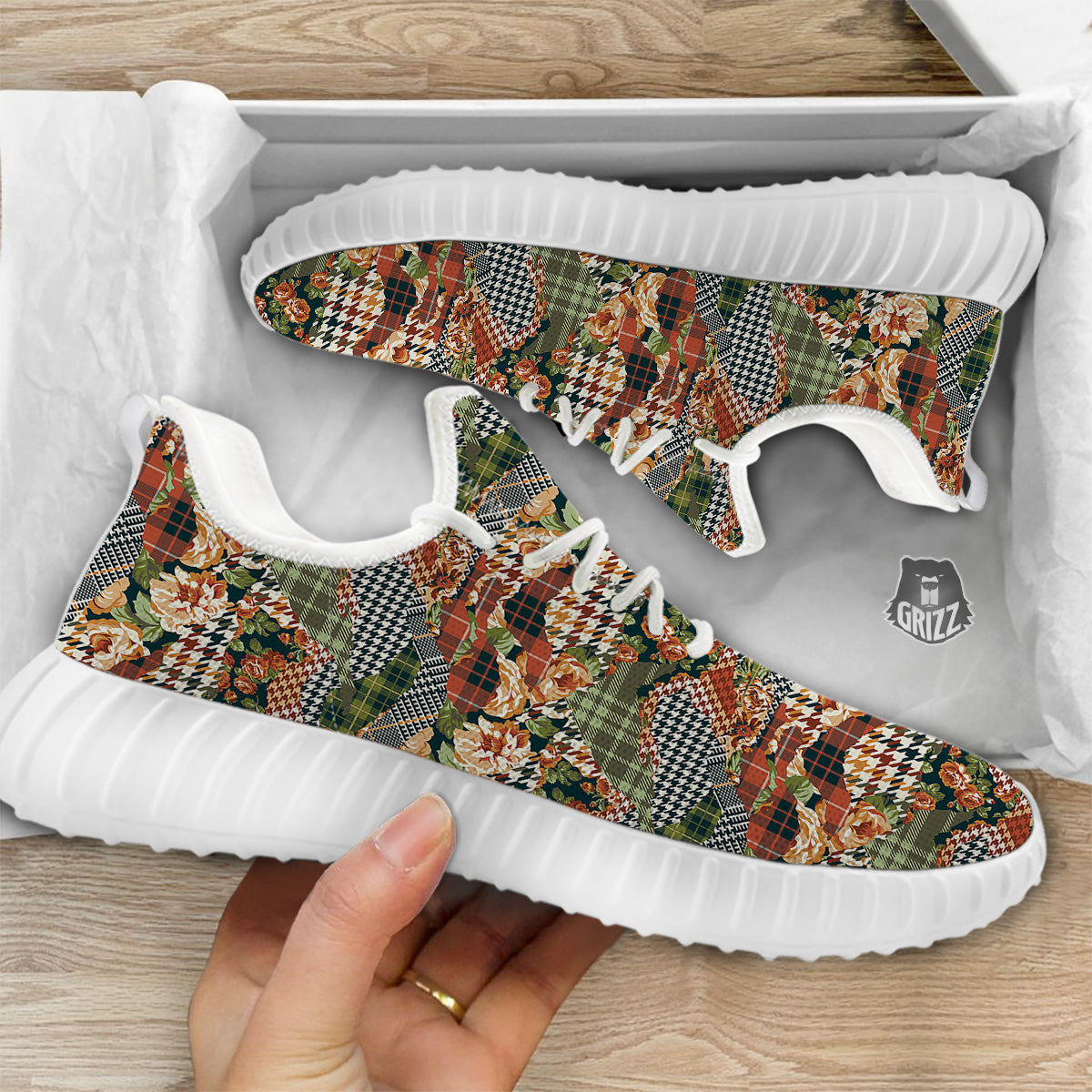 Mix Houndstooth Tartan Print Pattern White Walking Shoes-grizzshop