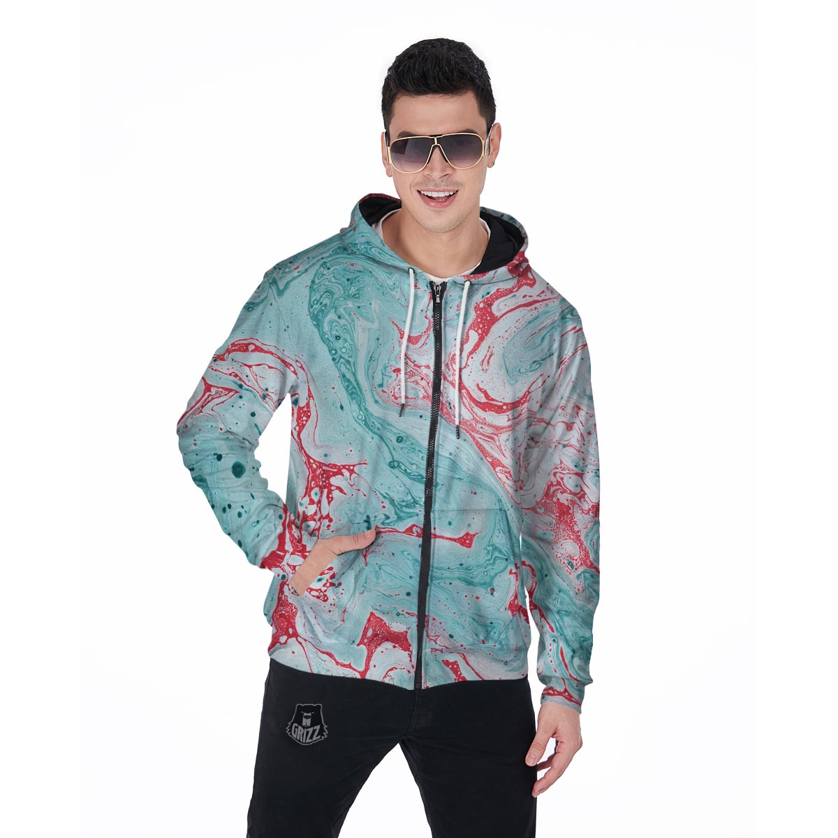Mixed Red and Turquoise Marble Men's Zip Up Hoodie-grizzshop