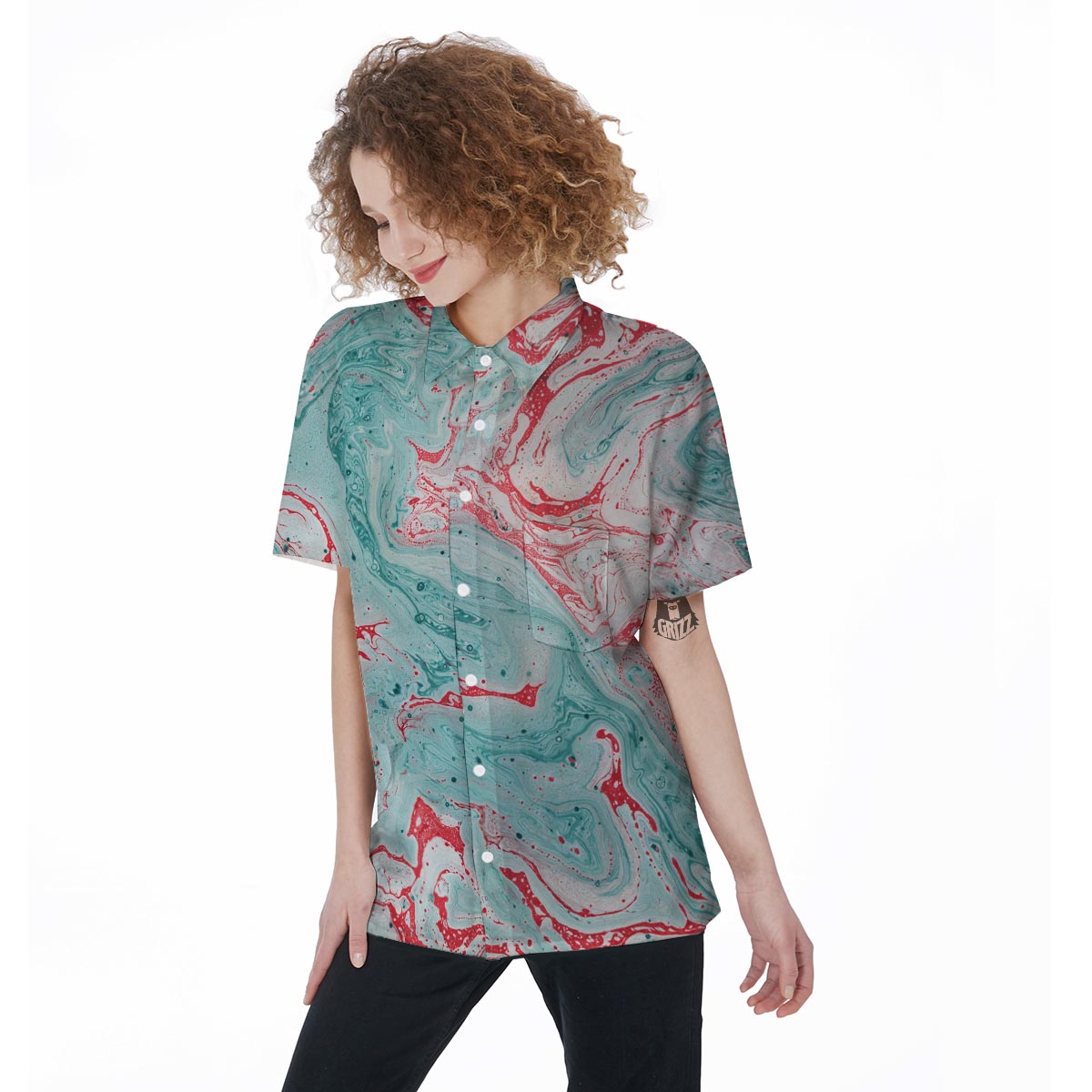 Mixed Red and Turquoise Marble Women's Short Sleeve Shirts-grizzshop