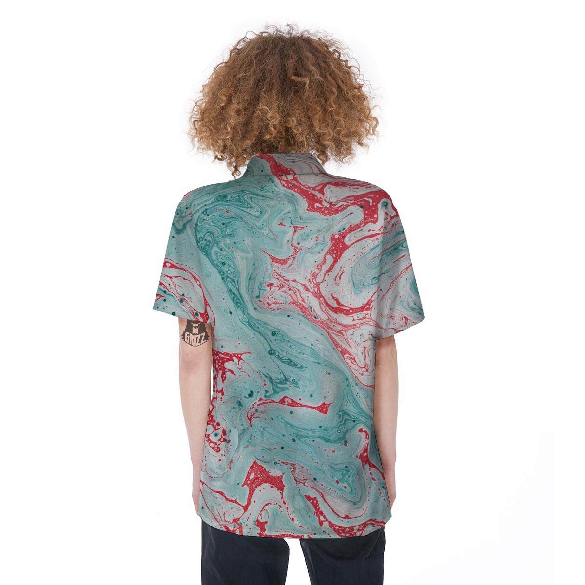 Mixed Red and Turquoise Marble Women's Short Sleeve Shirts-grizzshop