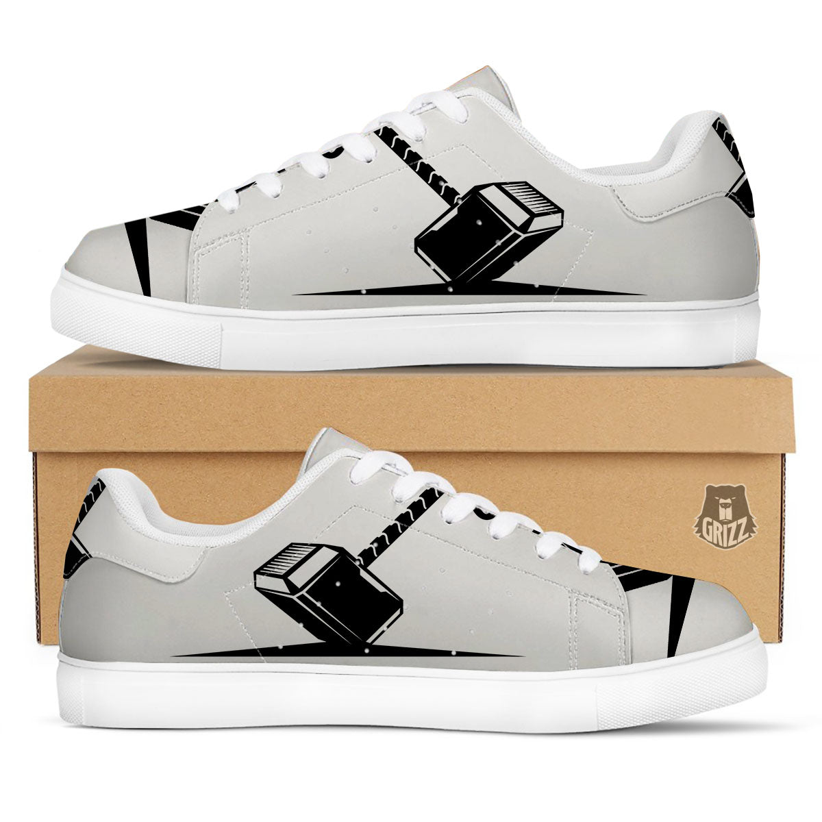Mjolnir Hammer Of Thor Print White Low Top Sneakers-grizzshop
