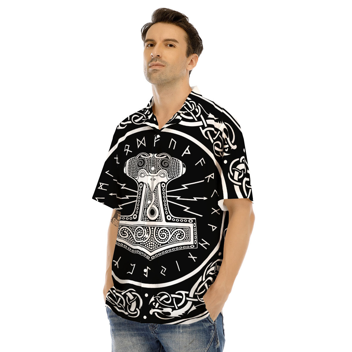 Mjolnir White And Black Print Men's Hawaiian Shirt-grizzshop
