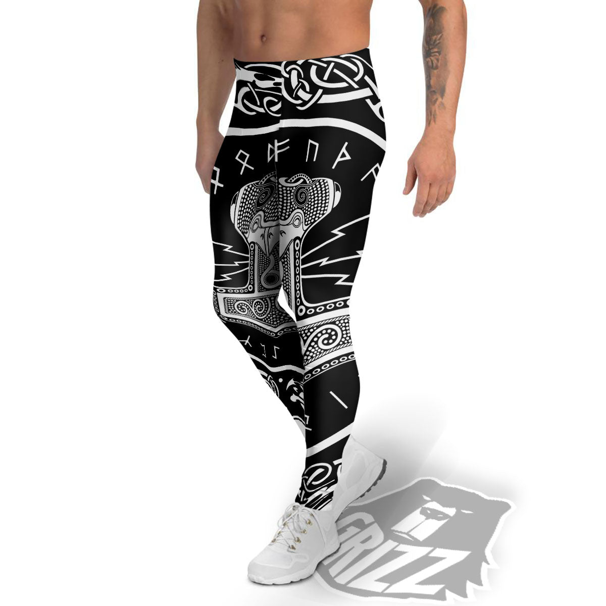 Mjolnir White And Black Print Men's Leggings-grizzshop