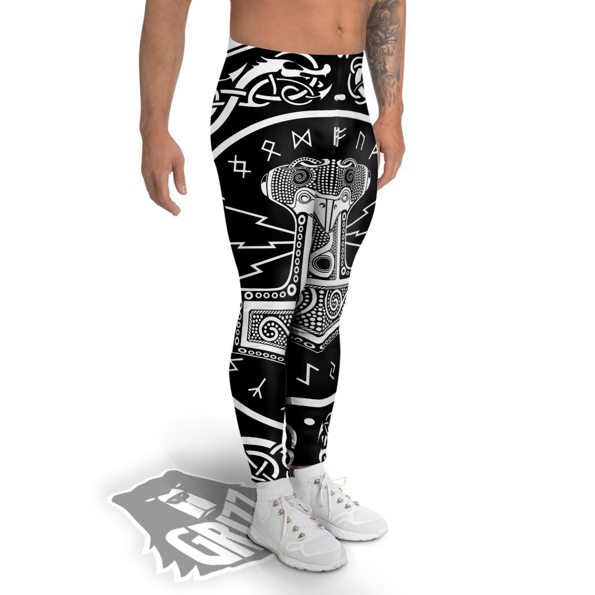 Mjolnir White And Black Print Men's Leggings-grizzshop