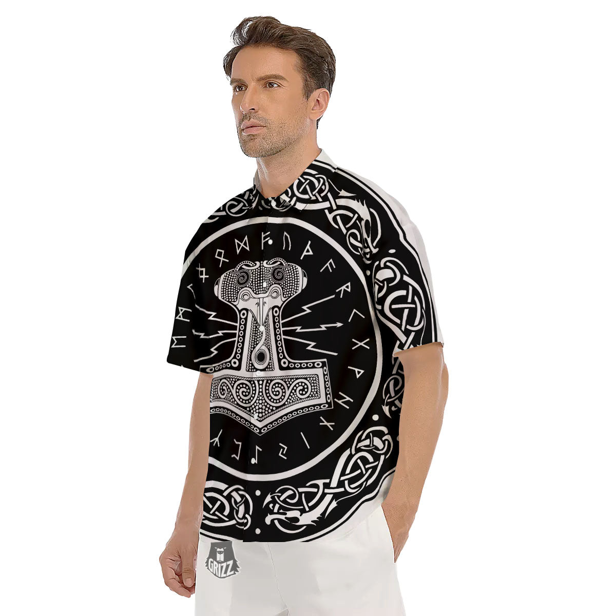 Mjolnir White And Black Print Men's Short Sleeve Shirts-grizzshop
