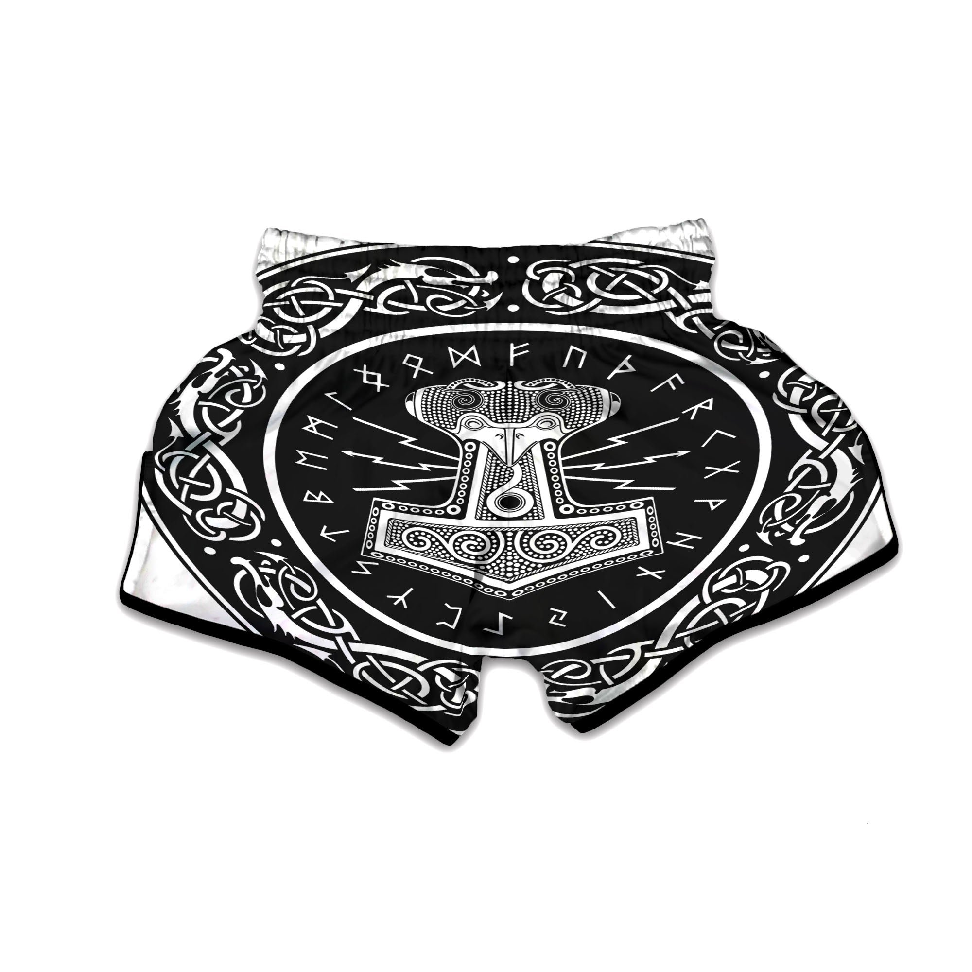 Mjolnir White And Black Print Muay Thai Boxing Shorts-grizzshop