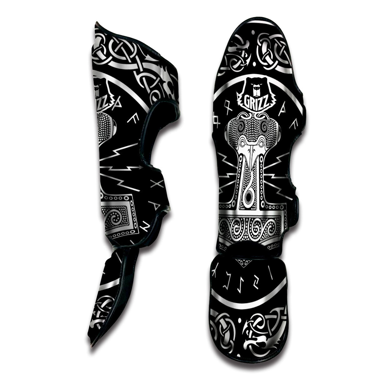 Mjolnir White And Black Print Muay Thai Shin Guards-grizzshop