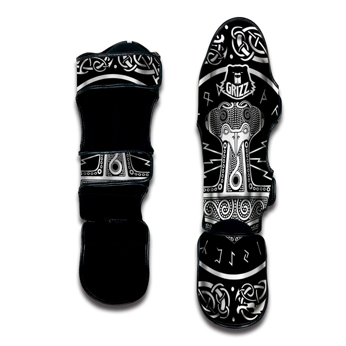 Mjolnir White And Black Print Muay Thai Shin Guards-grizzshop