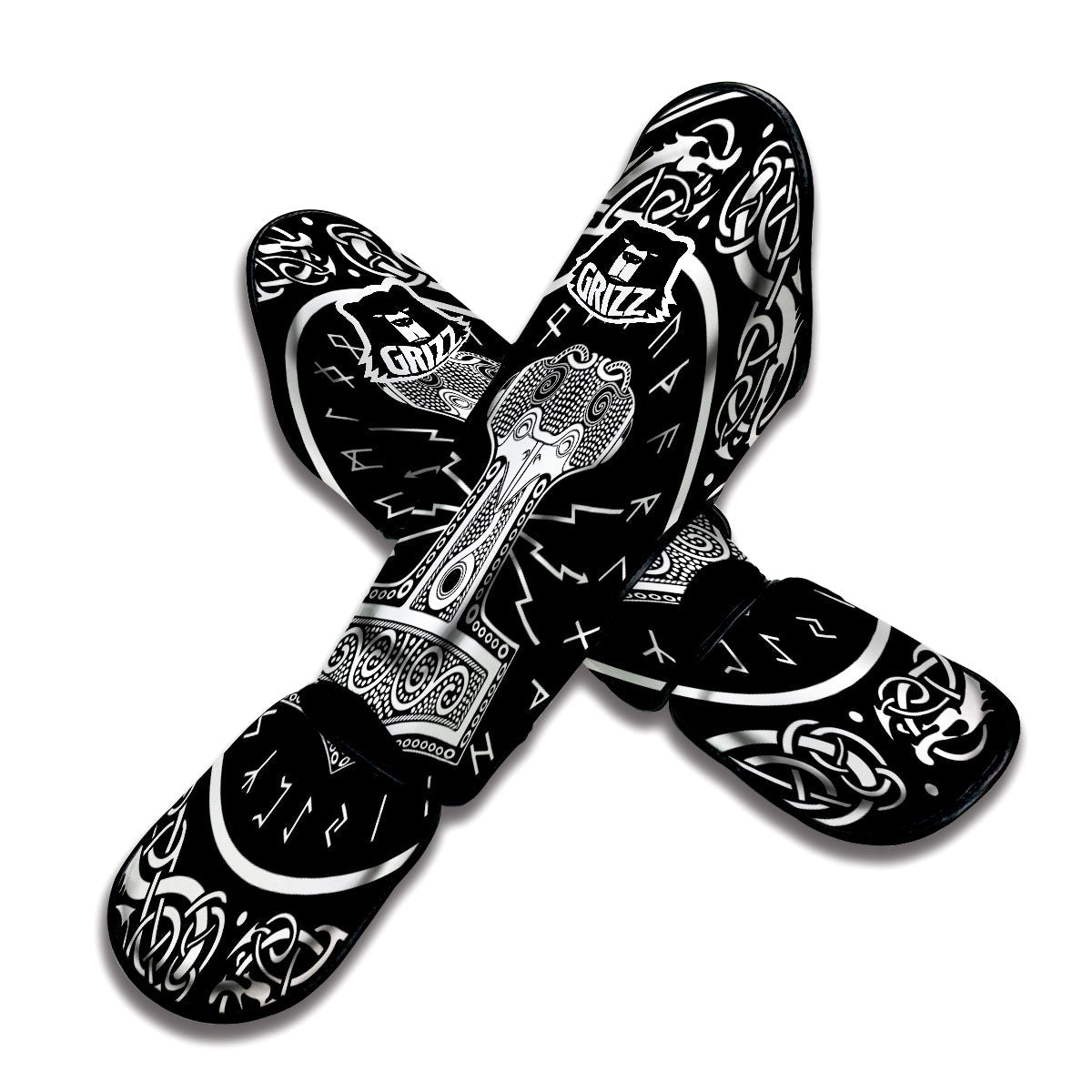 Mjolnir White And Black Print Muay Thai Shin Guards-grizzshop