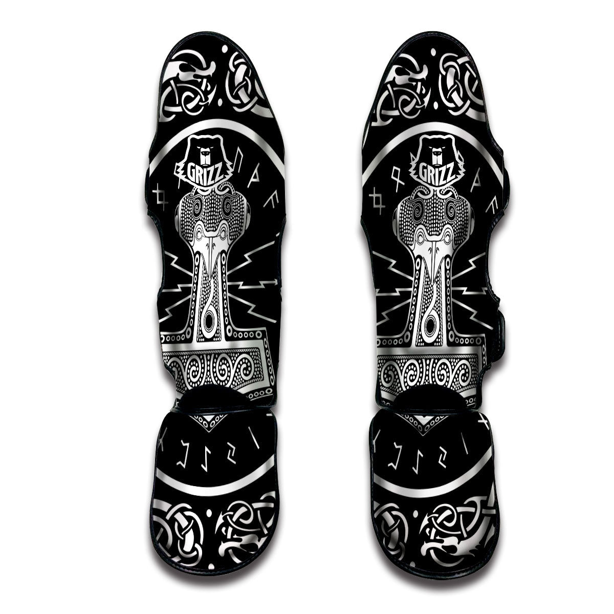 Mjolnir White And Black Print Muay Thai Shin Guards-grizzshop