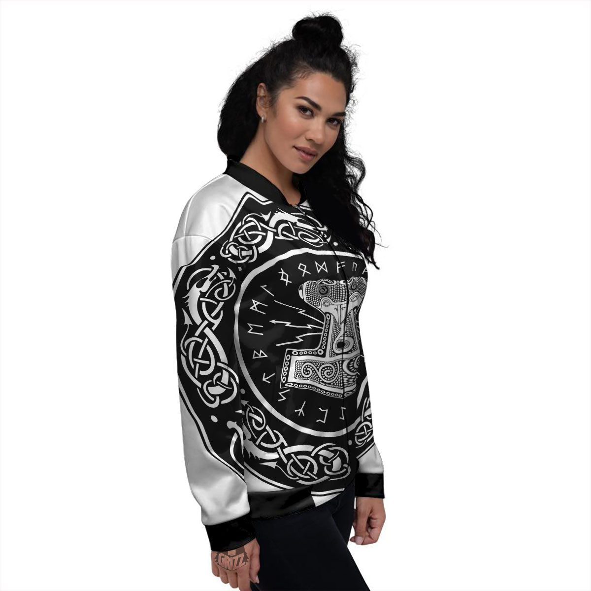 Mjolnir White And Black Print Women's Bomber Jacket-grizzshop