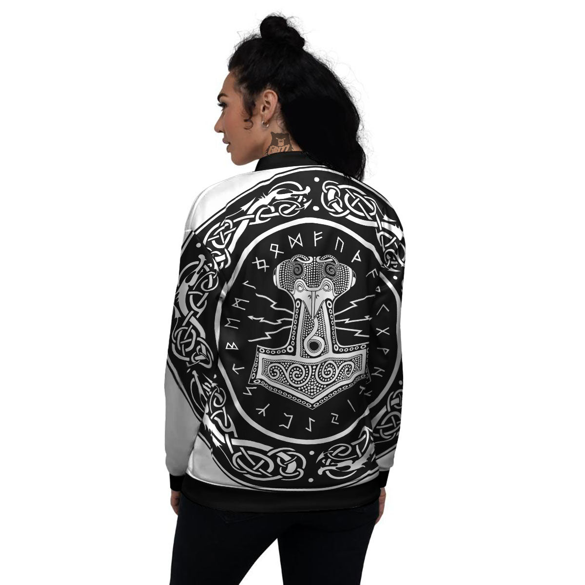 Mjolnir White And Black Print Women's Bomber Jacket-grizzshop