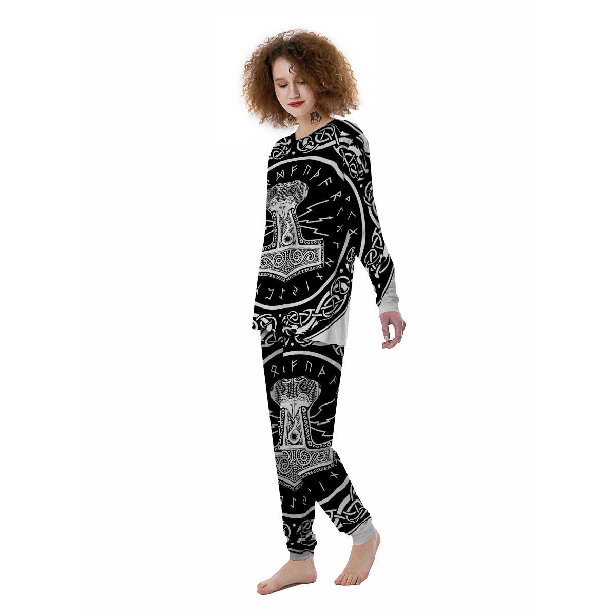 Mjolnir White And Black Print Women's Pajamas-grizzshop