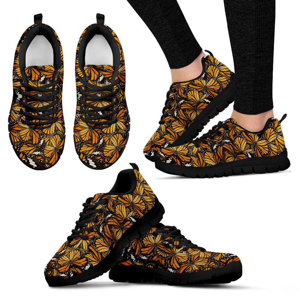 Monarch Butterfly Pattern Print Black Sneaker Shoes For Men Women-grizzshop