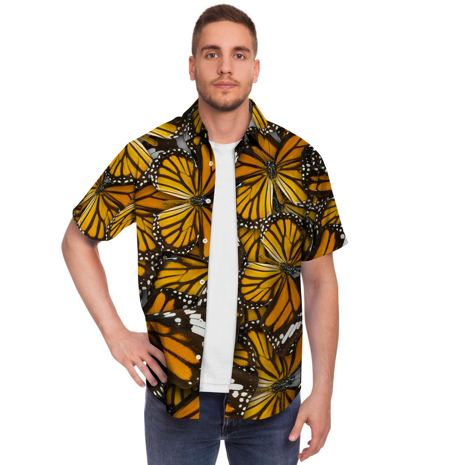 Monarch Butterfly Pattern Print Men's Short Sleeve Shirt-grizzshop