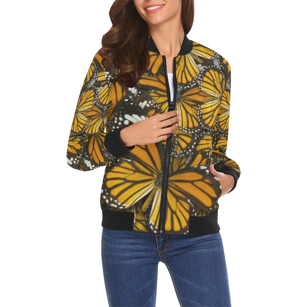 Monarch Butterfly Pattern Print Women Casual Bomber Jacket-grizzshop