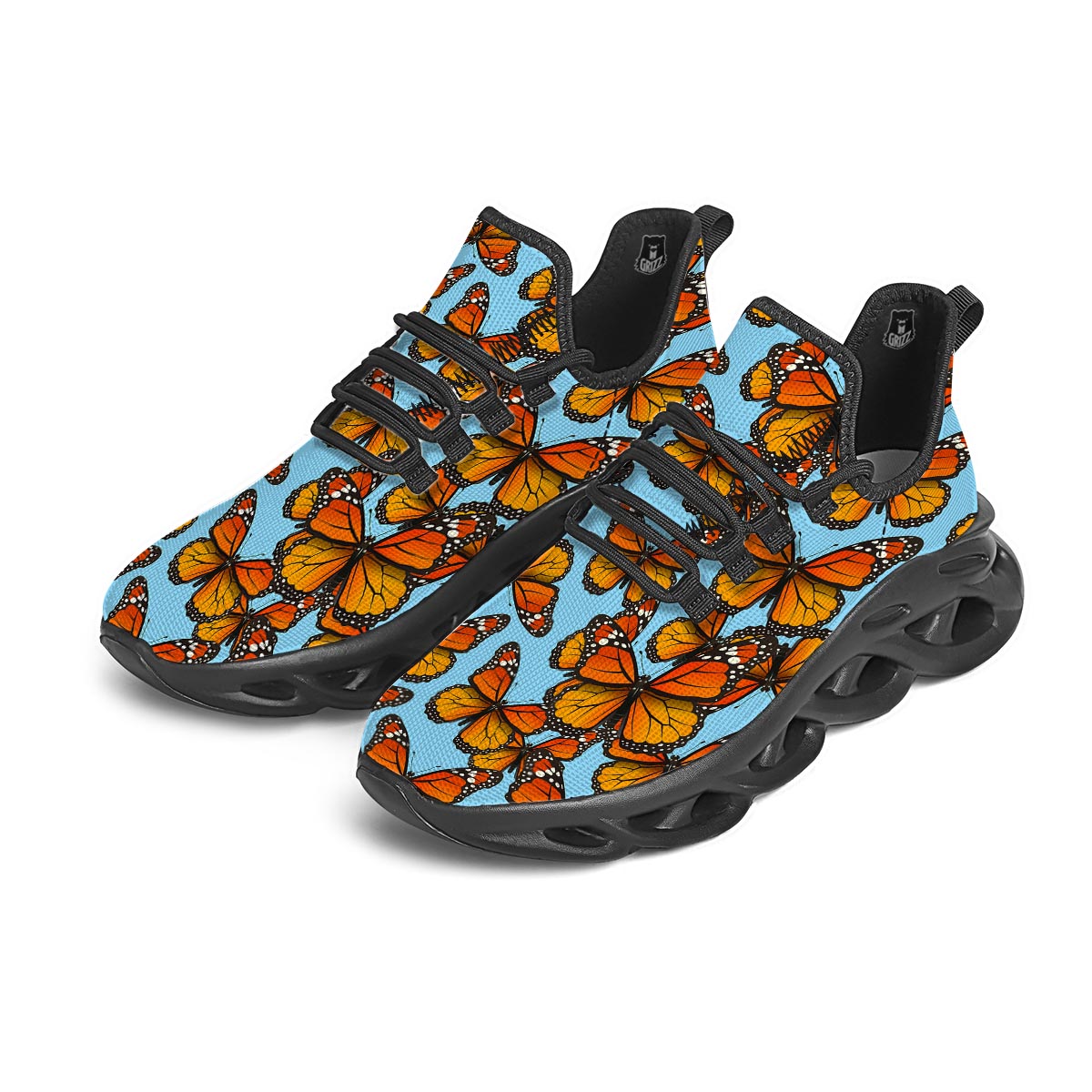 Monarch Butterfly Print Black Running Shoes-grizzshop