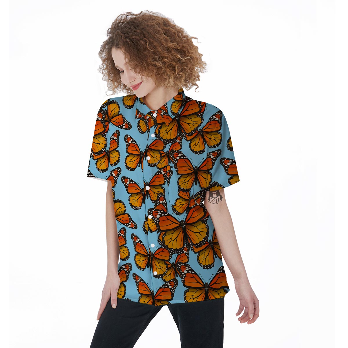 Monarch Butterfly Print Women's Short Sleeve Shirts-grizzshop