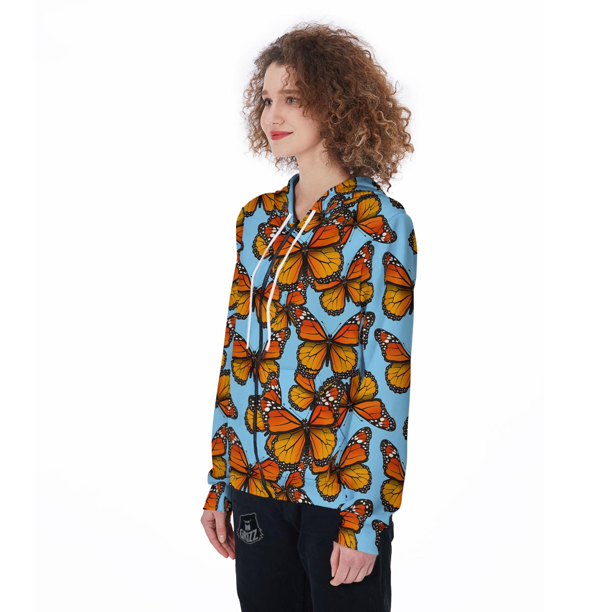 Monarch Butterfly Print Women's Zip Up Hoodie-grizzshop