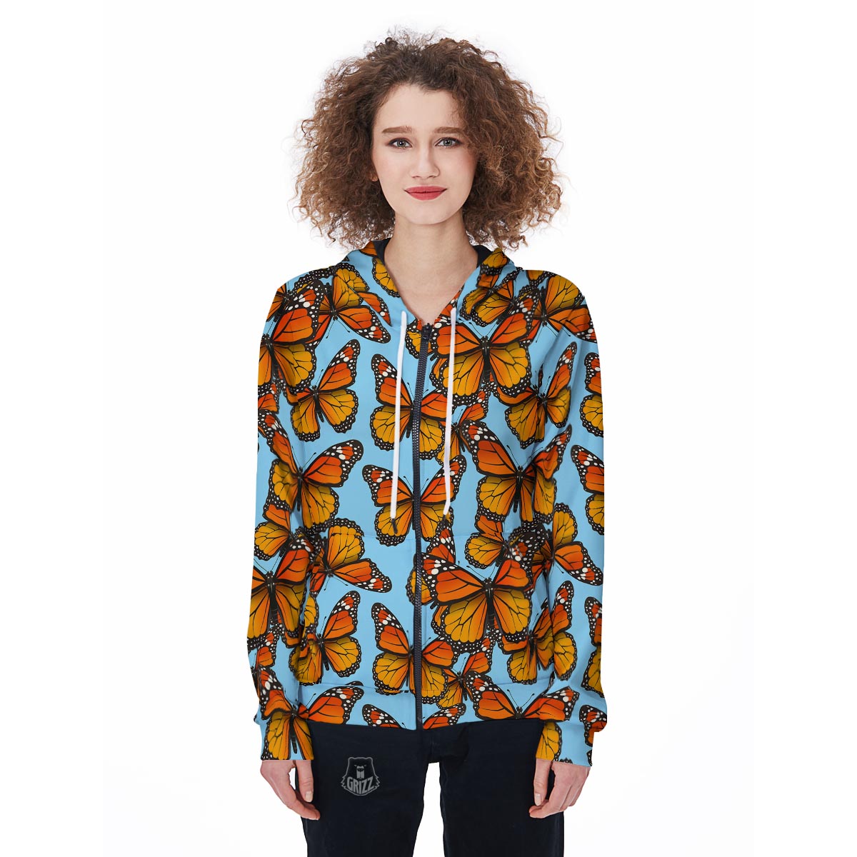 Monarch Butterfly Print Women's Zip Up Hoodie-grizzshop