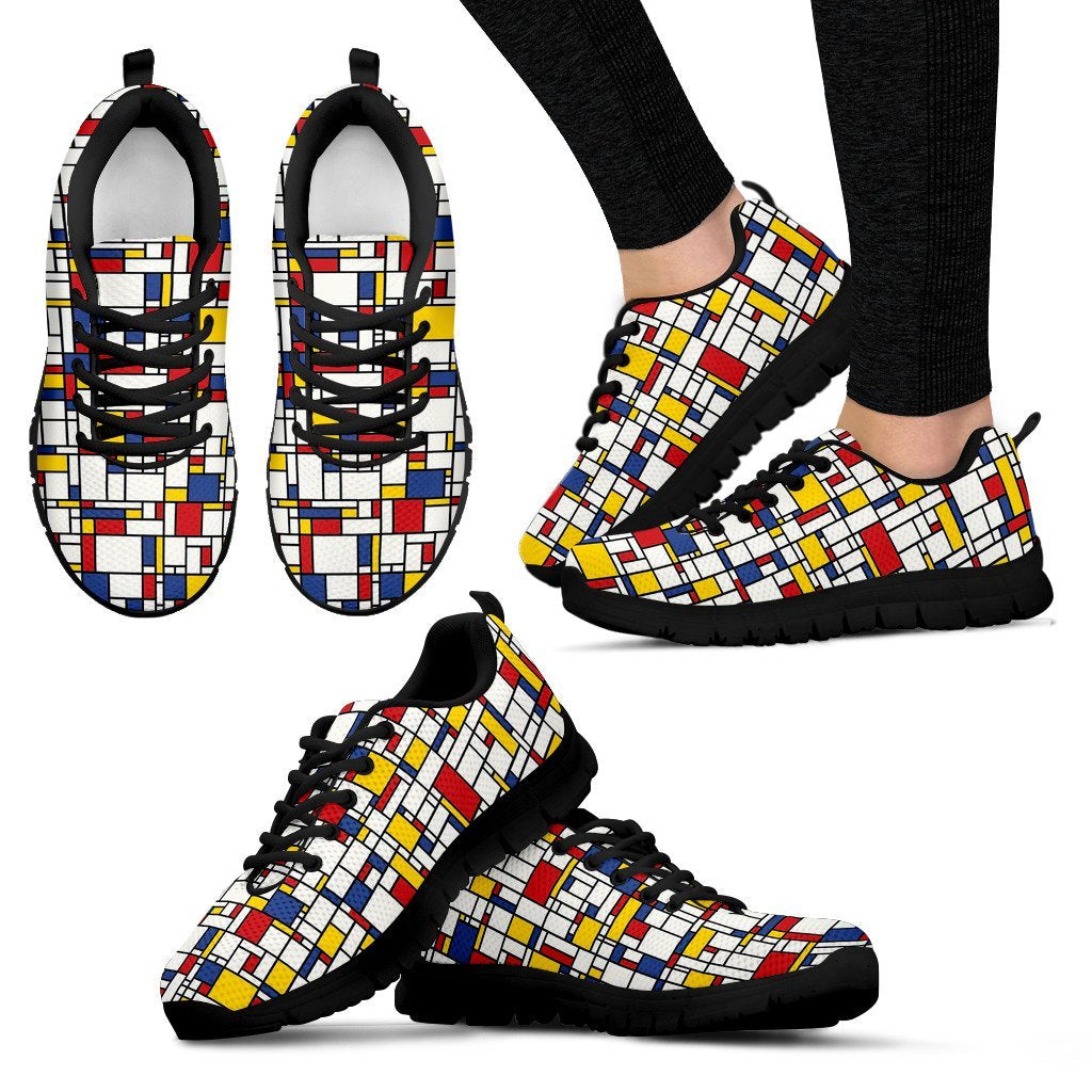 Mondrian Pattern Print Black Sneaker Shoes For Men Women-grizzshop