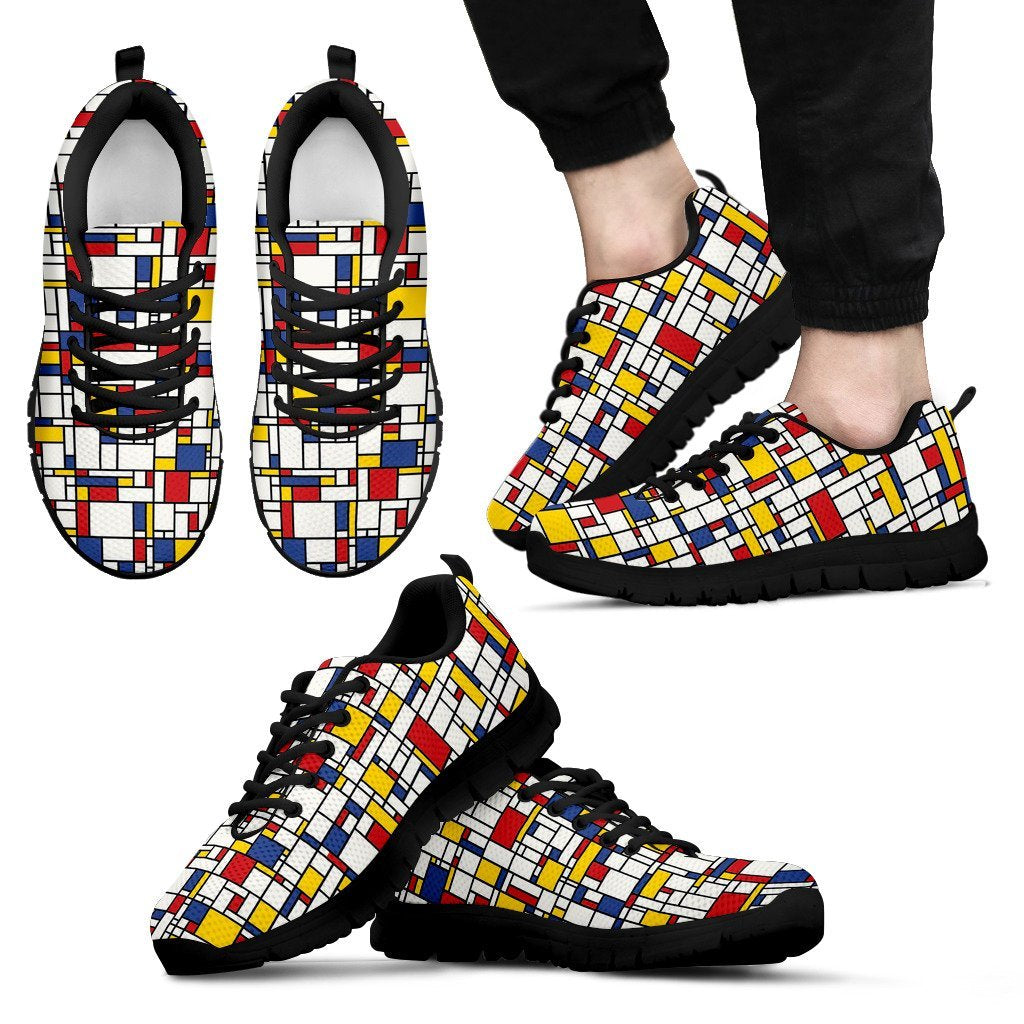 Mondrian Pattern Print Black Sneaker Shoes For Men Women-grizzshop