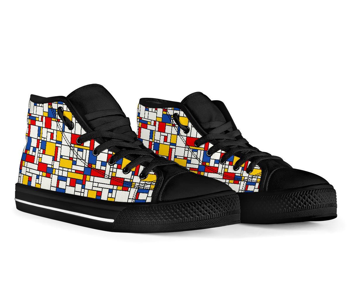Mondrian Pattern Print Men Women's High Top Shoes-grizzshop