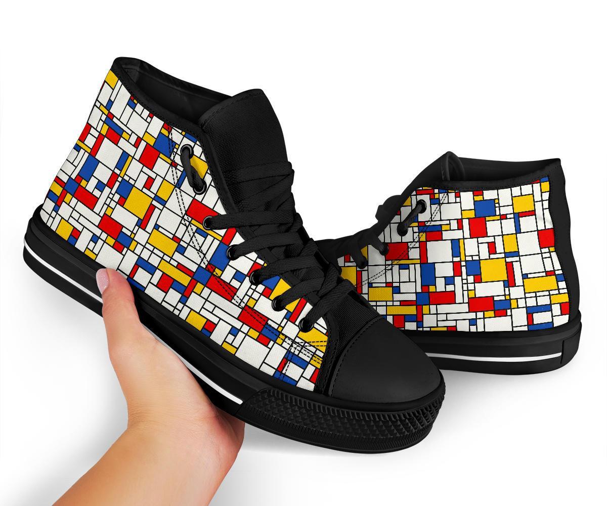 Mondrian Pattern Print Men Women's High Top Shoes-grizzshop