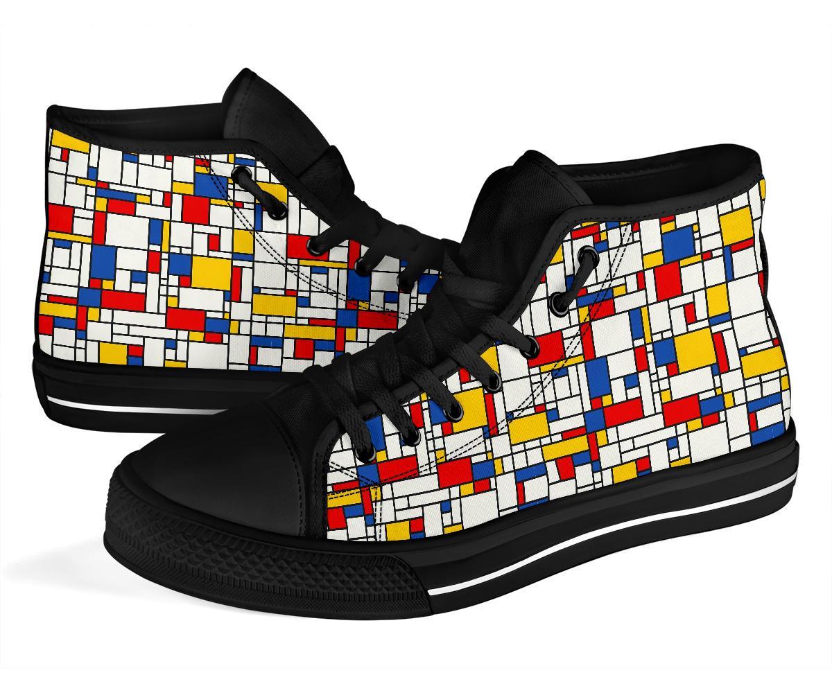 Mondrian Pattern Print Men Women's High Top Shoes-grizzshop